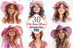 Pink Summer Woman Watercolor Clipart, an Illustration by RobertsArt