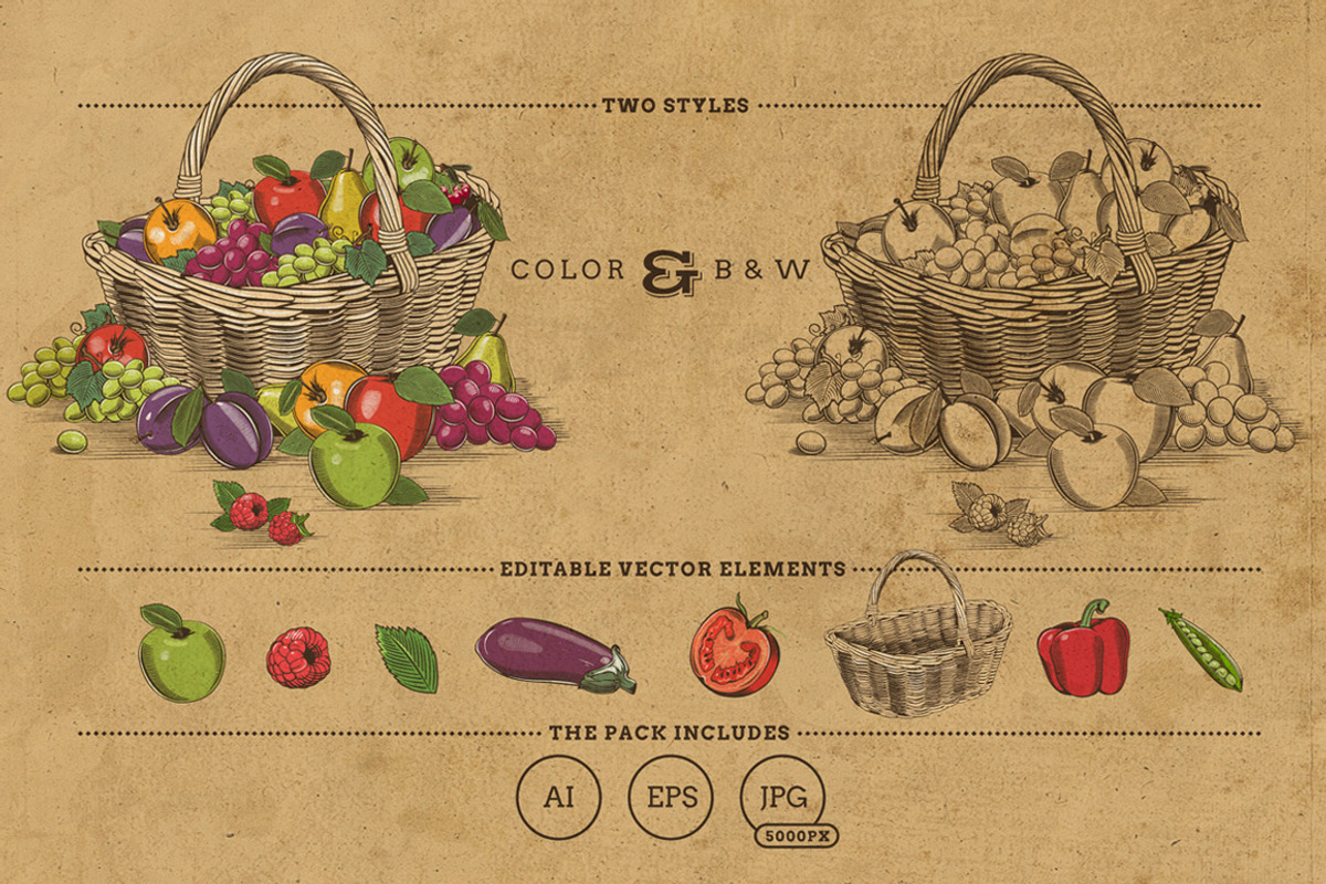 Vintage Fruits & Vegetables Baskets, an Object Graphic by ConceptCafe (Photo 2 of 7)