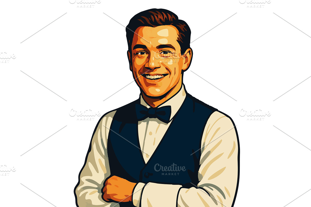 Smiling Waiter Formal Uniform vector, a Person Illustration by AlexArt