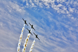 Synchronous  flight of four planes containing parade, admiration, and airshow