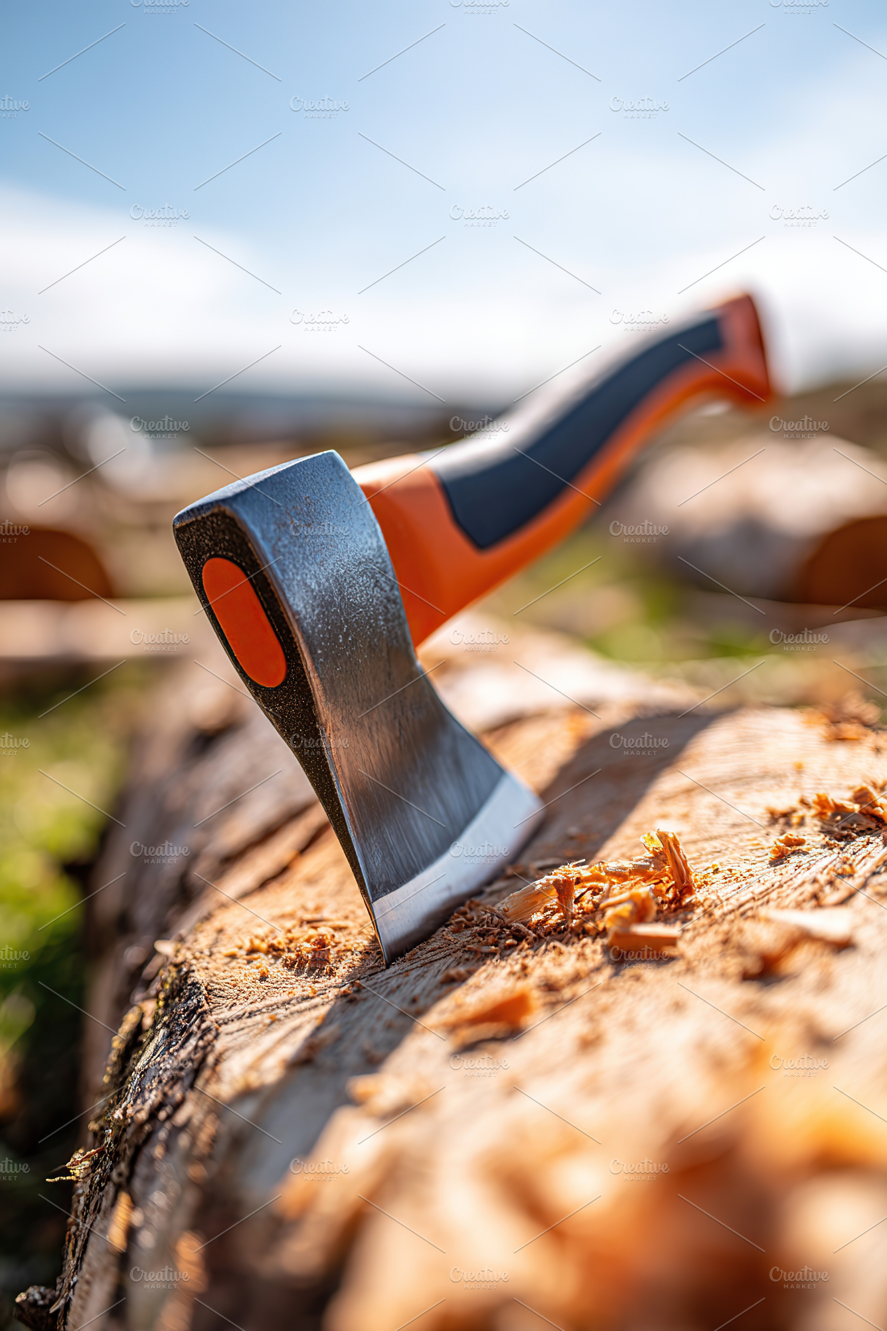 Axe resting on a log with wood shavings under a clear blue sky in a forest sett, a Photo by AlyaAnd