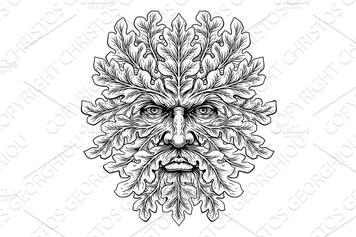 Green Man Foliate Face Woodcut Pagan, an Object Illustration by Christos Georghiou