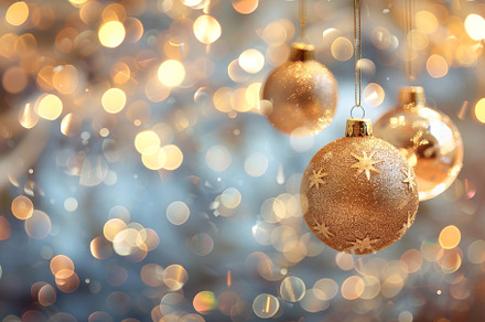 Beautiful golden Christmas ornaments, a Photo by Tanuart
