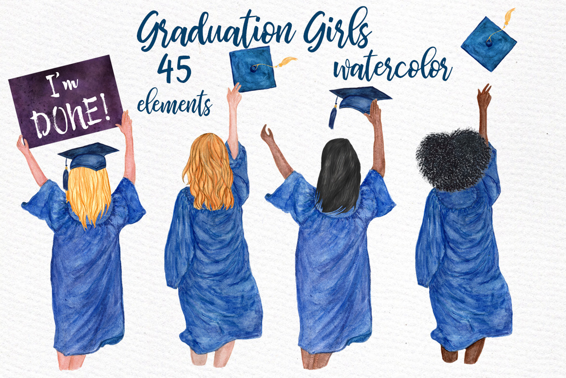 Graduation Clipart Watercolor Girls, An Illustration By Lecoqdesign