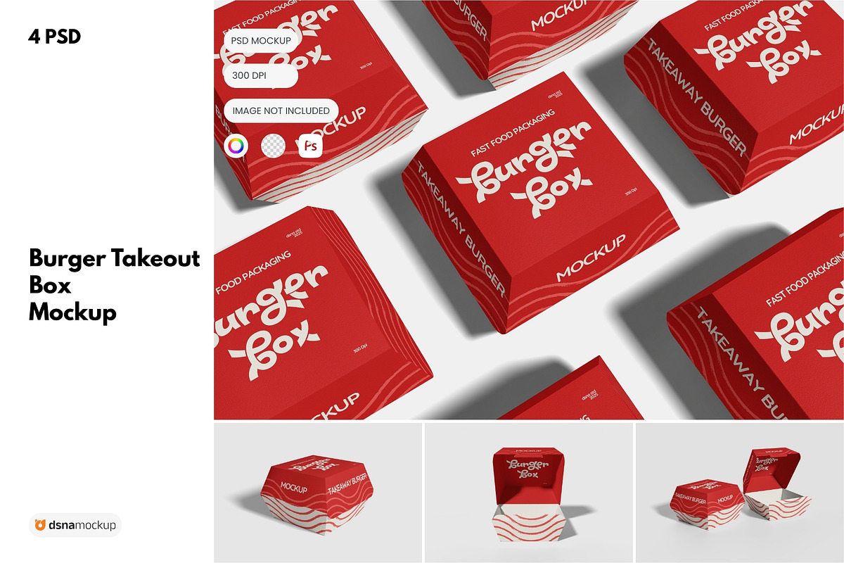 Burger Takeout Box Mockup, a Packaging Mockup by DSNA Mockup (Photo 1 of 6)