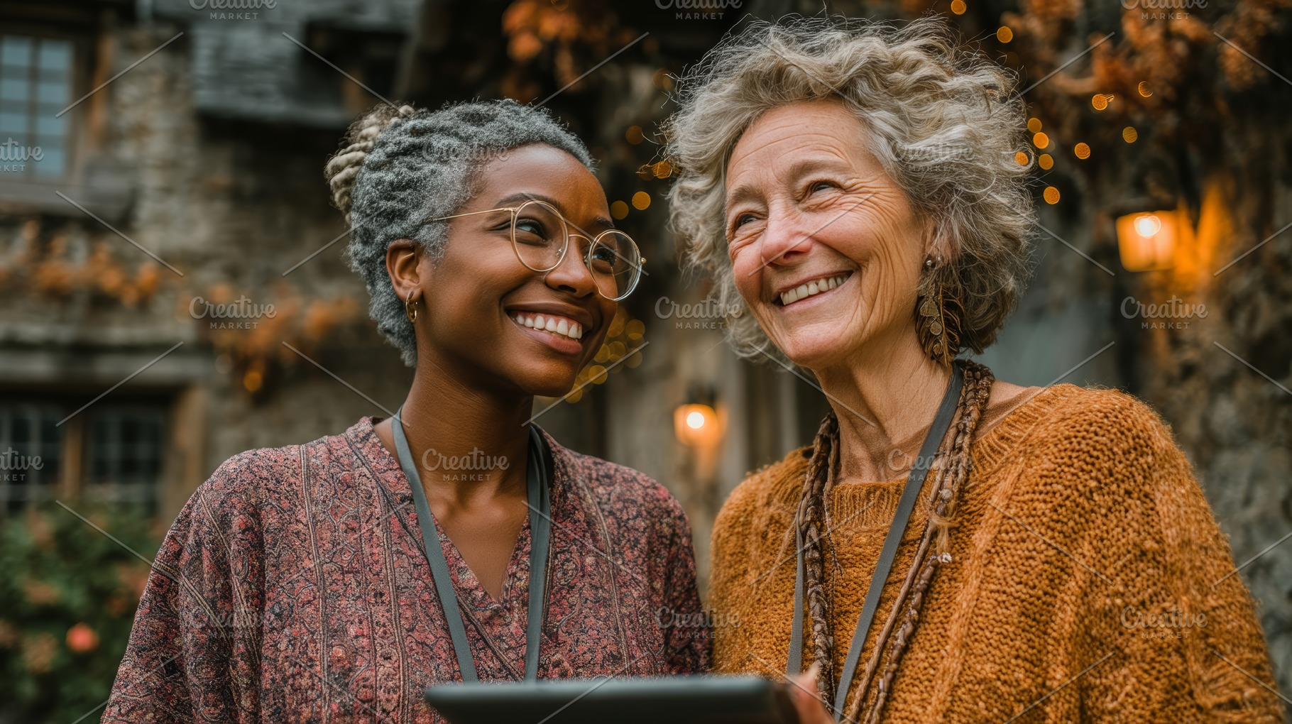Two women smiling warmly in a cozy outdoor autumn setting, a Health & Medical Photo by AS photostudio