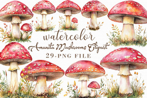 Watercolor Amanita Mushrooms Clipart, an Illustration by Libby Wishes