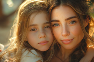 A touching moment between a mother and daughter, both with light brown hair and, a Person Photo by ImageMir