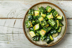 Grilled zucchini pieces in plate on wooden table, a Food & Drink Photo by AlyaAnd