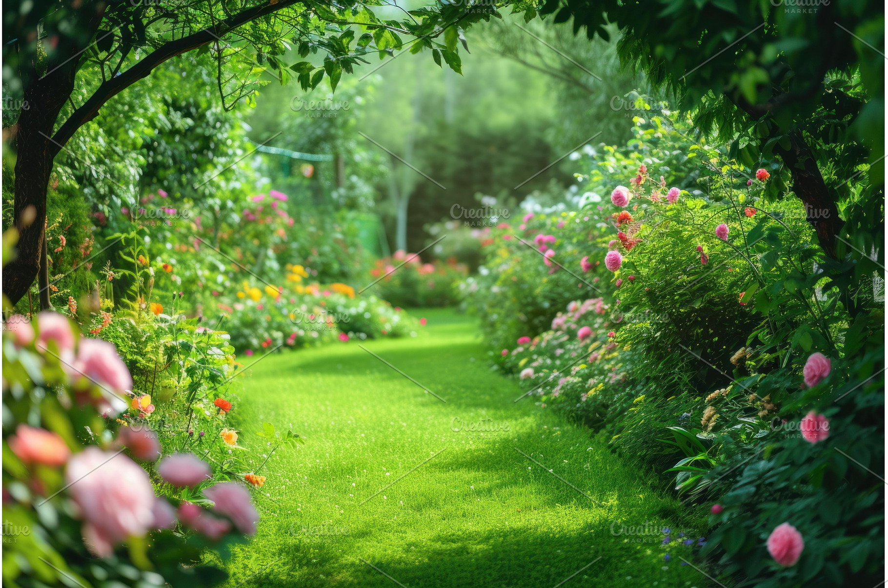 Vibrant Summer garden flowers lawn, a Nature Photo by Ylivdesign
