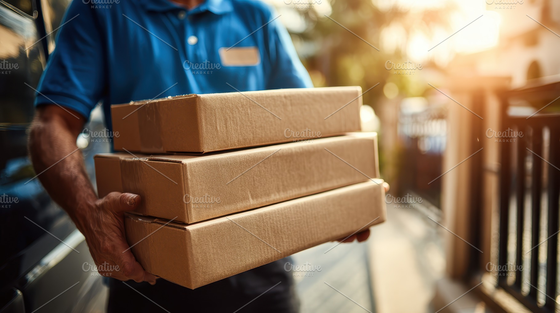 Delivery man carrying three cardboar, a Photo by Pixeness Studio