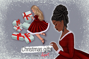 Christmas girl with gifts clipart