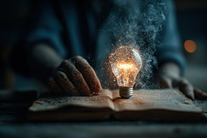 Glowing Lightbulb on Open Book Spark, a Photo by Pixeness Studio