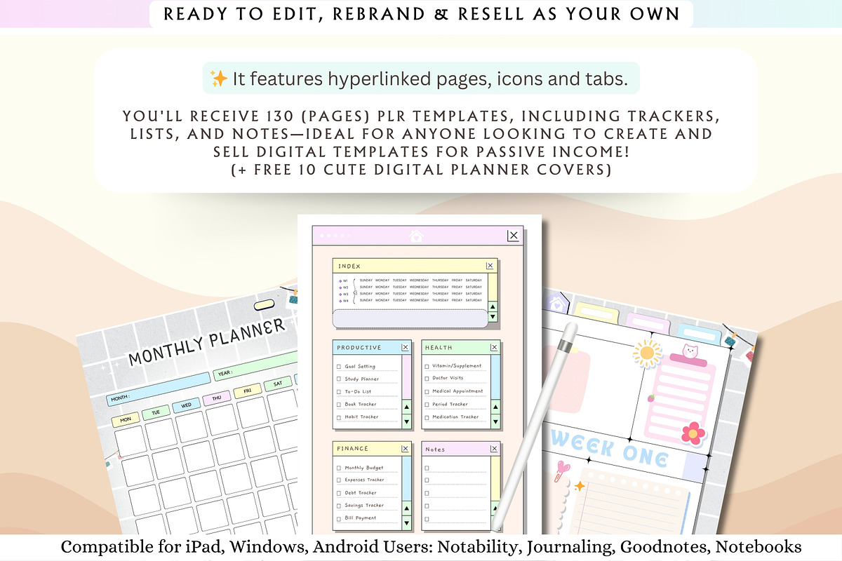 PLR Undated Digital Planner, a Stationery Template by Tas Creative Studio