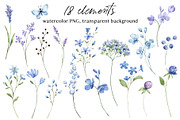 Blue flowers watercolor PNG clipart., a Decorative Illustration by Larisa Maslova (Thumbnail 7 of 9)