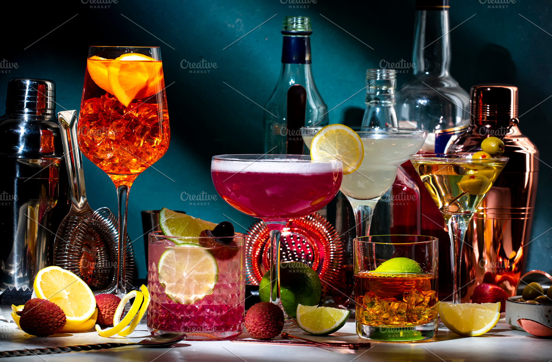 Alcoholic cocktails set, strong drinks and aperitifs, bar tools,, a Food & Drink Photo by 5PH