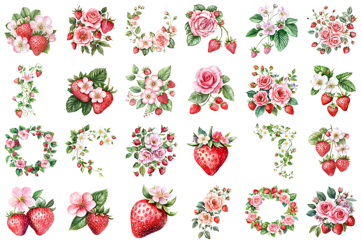 Strawberry Pink Floral Clipart, a Seasonal Illustration by designcity5 (Photo 2 of 5)