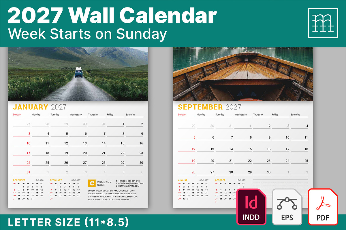 Wall Calendar 2027 (WC027-27-S), a Stationery Template by mikhailmorosin (Photo 1 of 7)