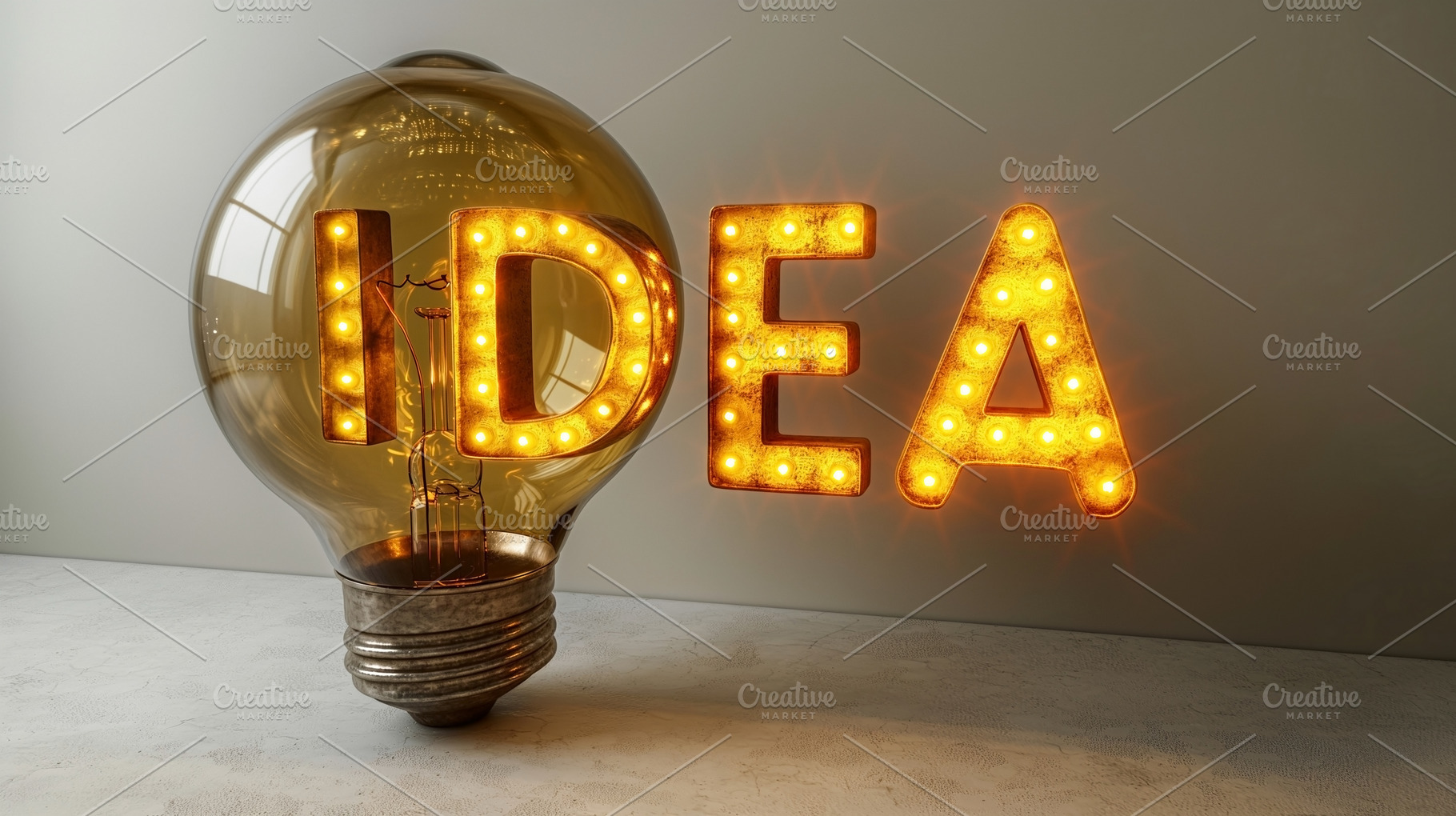 A glowing lightbulb with 'IDEA' illuminated in vintage marquee style, symbolizi, a Business Photo by ImageMir