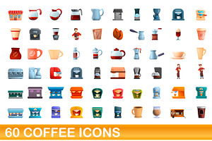 60 Coffee Icons Set, Cartoon Style