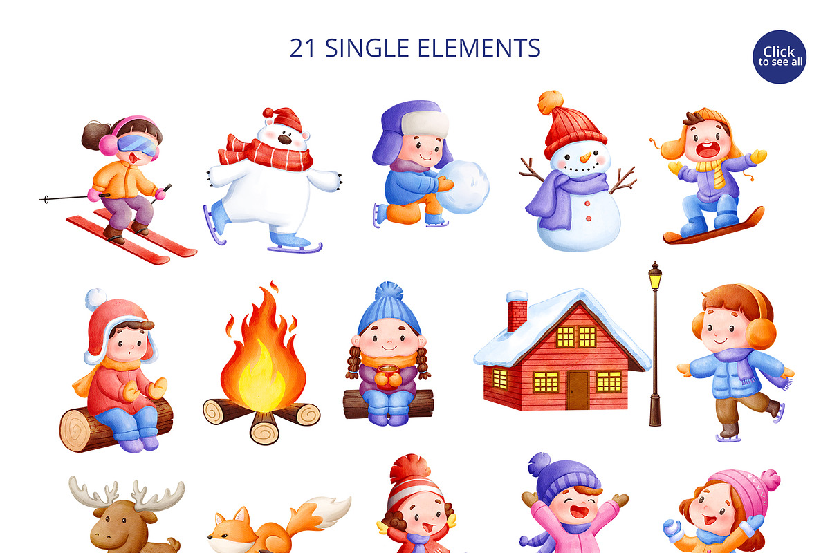 Snowy Friends Time Winter Watercolor, a Seasonal Illustration by CreativeValuation (Photo 2 of 14)