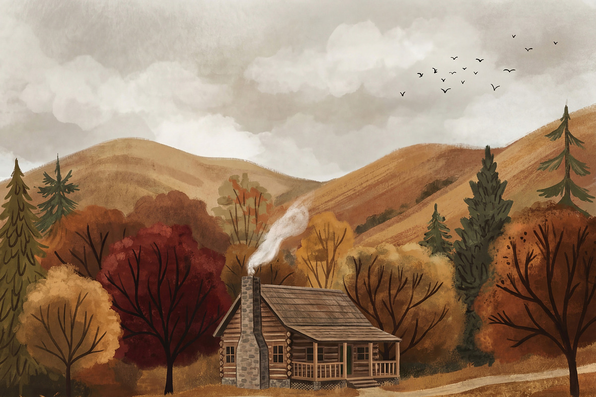 Cozy Log Cabin Reflection on Lake, a Decorative Illustration by Virgo Studio