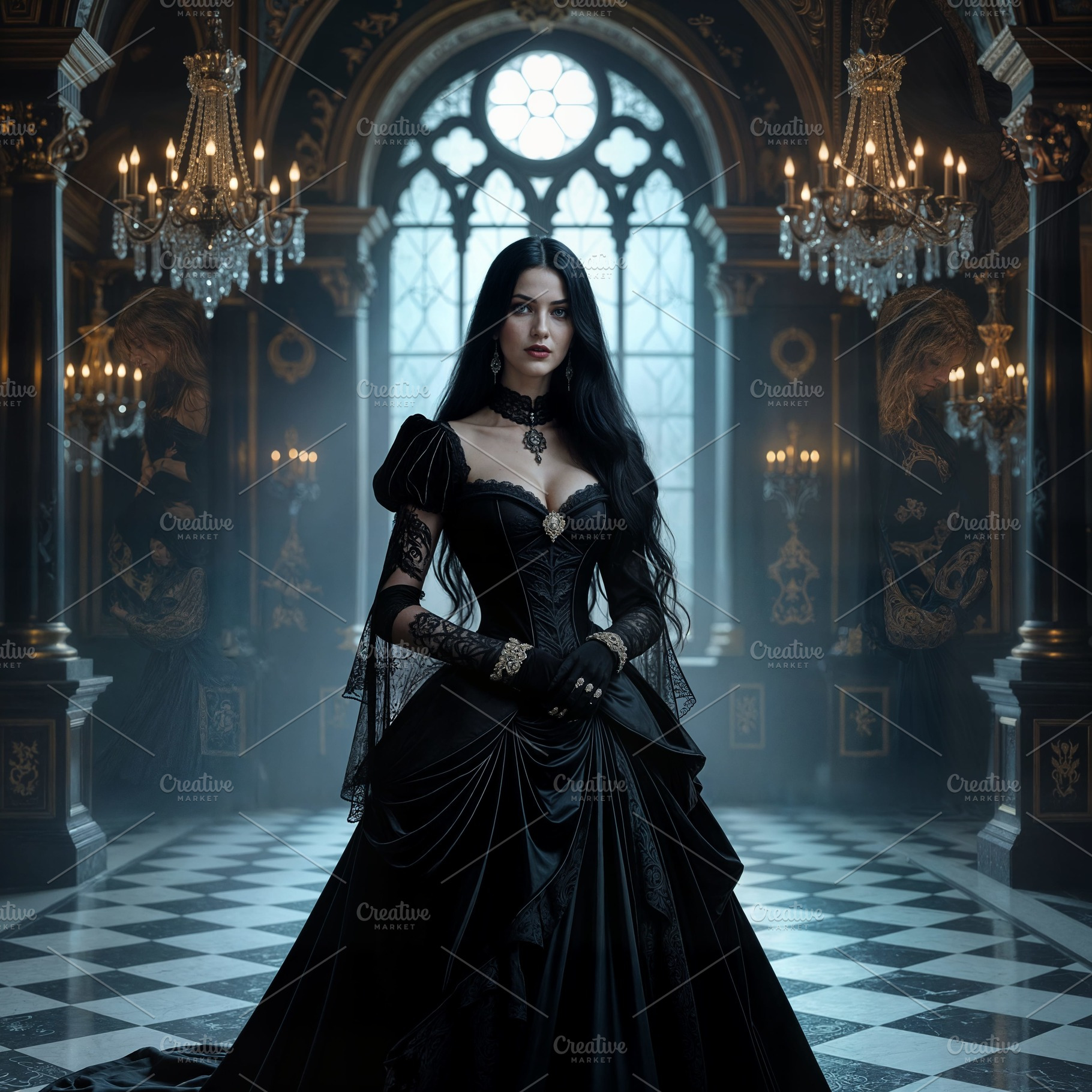 beautiful young goth woman in baroque room AI generated, a Photo by WorldOfPhotos