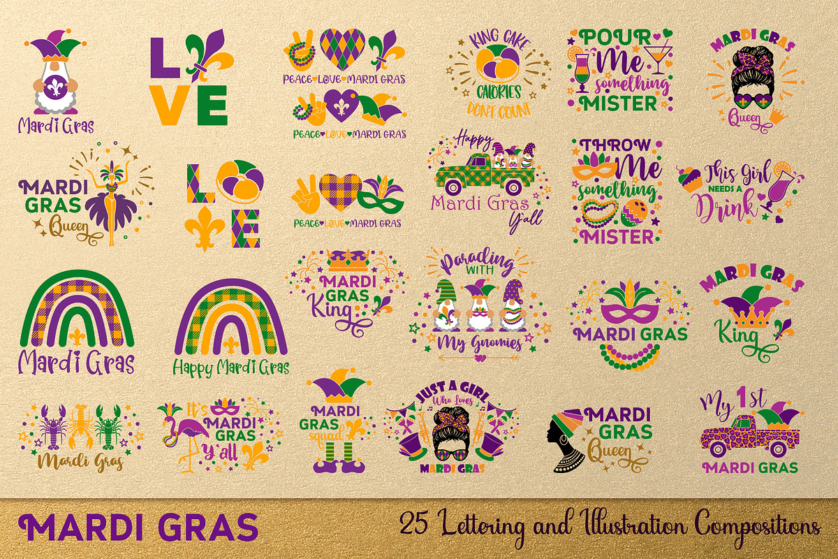 Mardi Gras Lettering & Illustration, a Seasonal Illustration by KlavaProDesign (Photo 1 of 5)