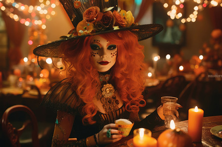 Beautiful woman with scary makeup for a Halloween - themed party, a Holiday Photo by designvectx
