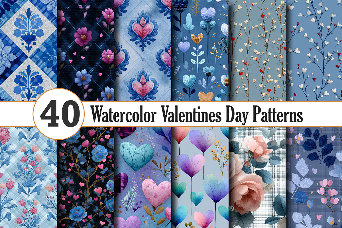 Watercolor Valentine’s Day Patterns, a Pattern Graphic by Canvas Craft (Photo 1 of 4)