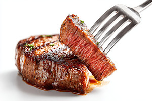 Medium-rare steak slice on fork, a Food & Drink Photo by AlyaAnd