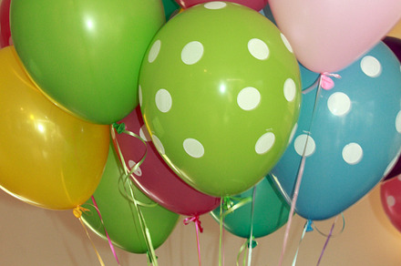 Party balloons featuring ballons, birthday, and polka dots