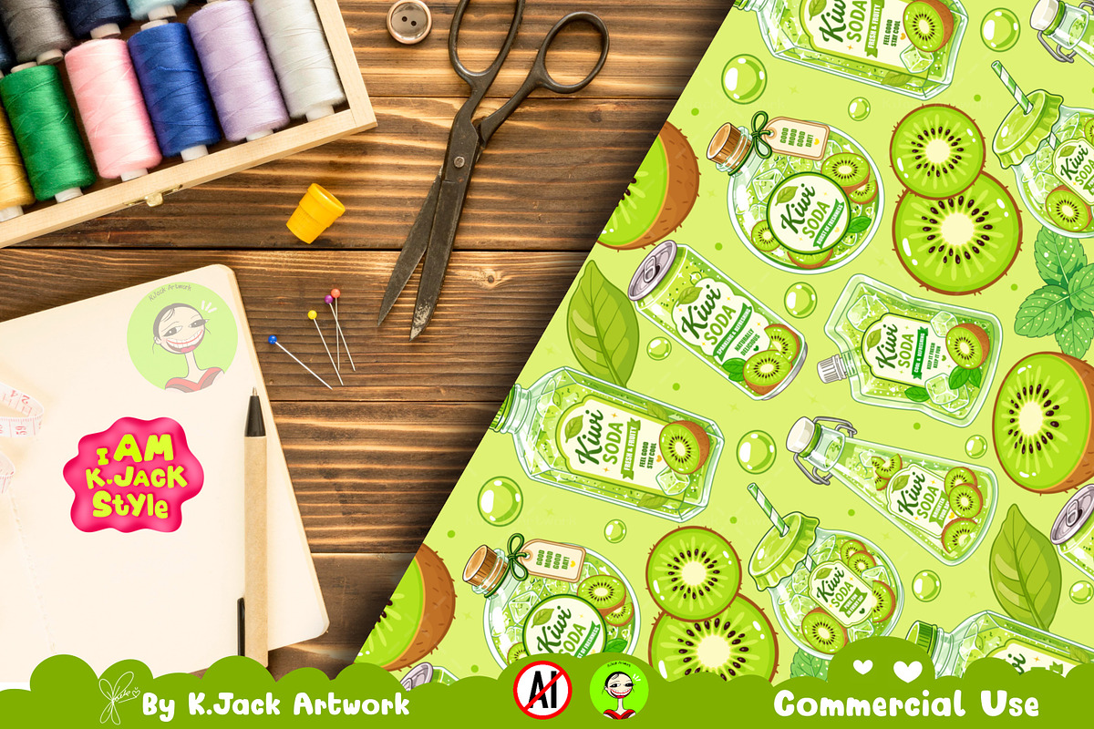 Cute Kiwi Soda Seamless Pattern, a Background Graphic by K.JackArtwork (Photo 6 of 8)