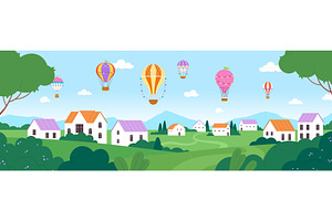 Hot air balloons landscape. Village, a Graphic by LadadikArt