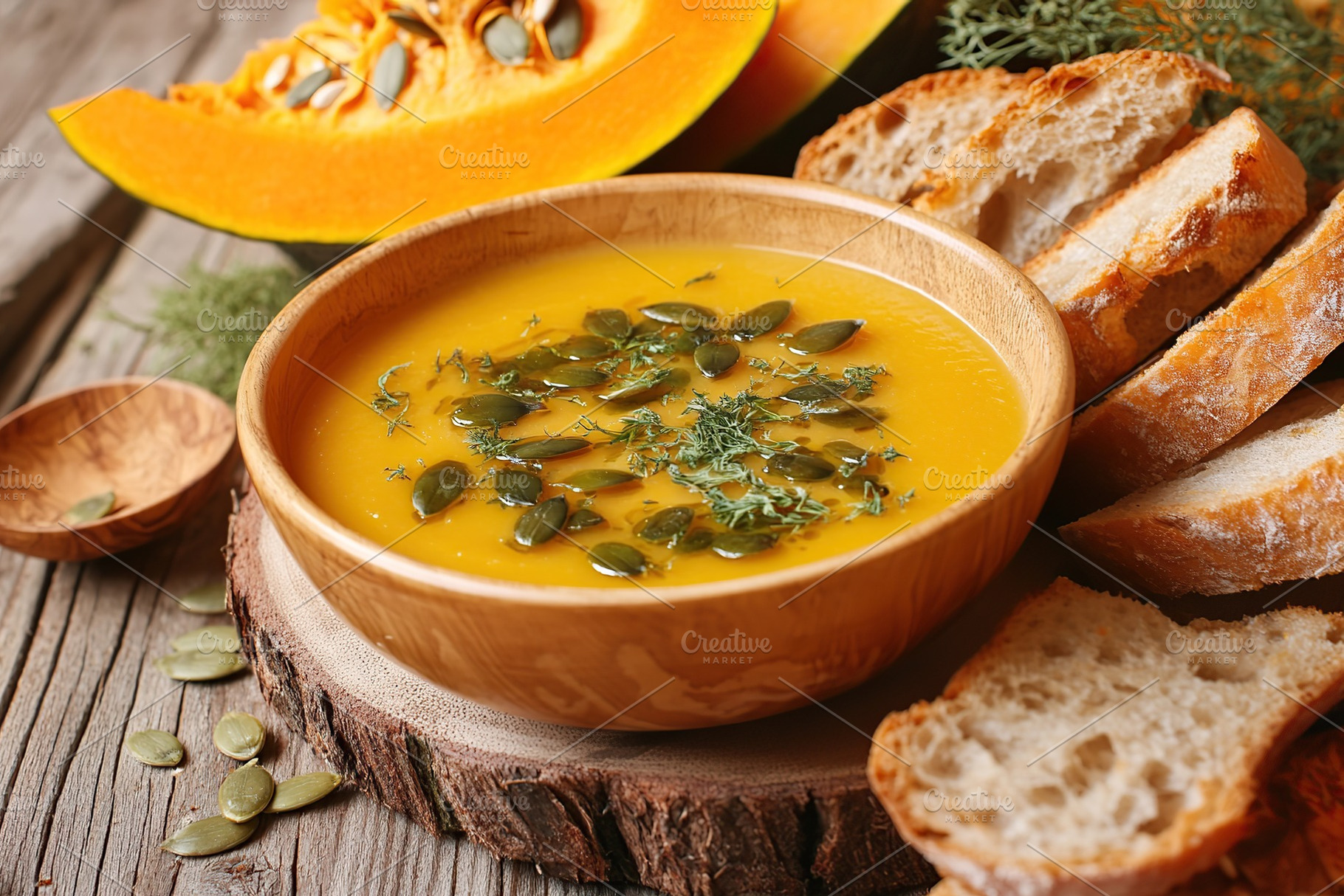 Pumpkin soup with cream and seeds, a Food & Drink Photo by AlyaAnd