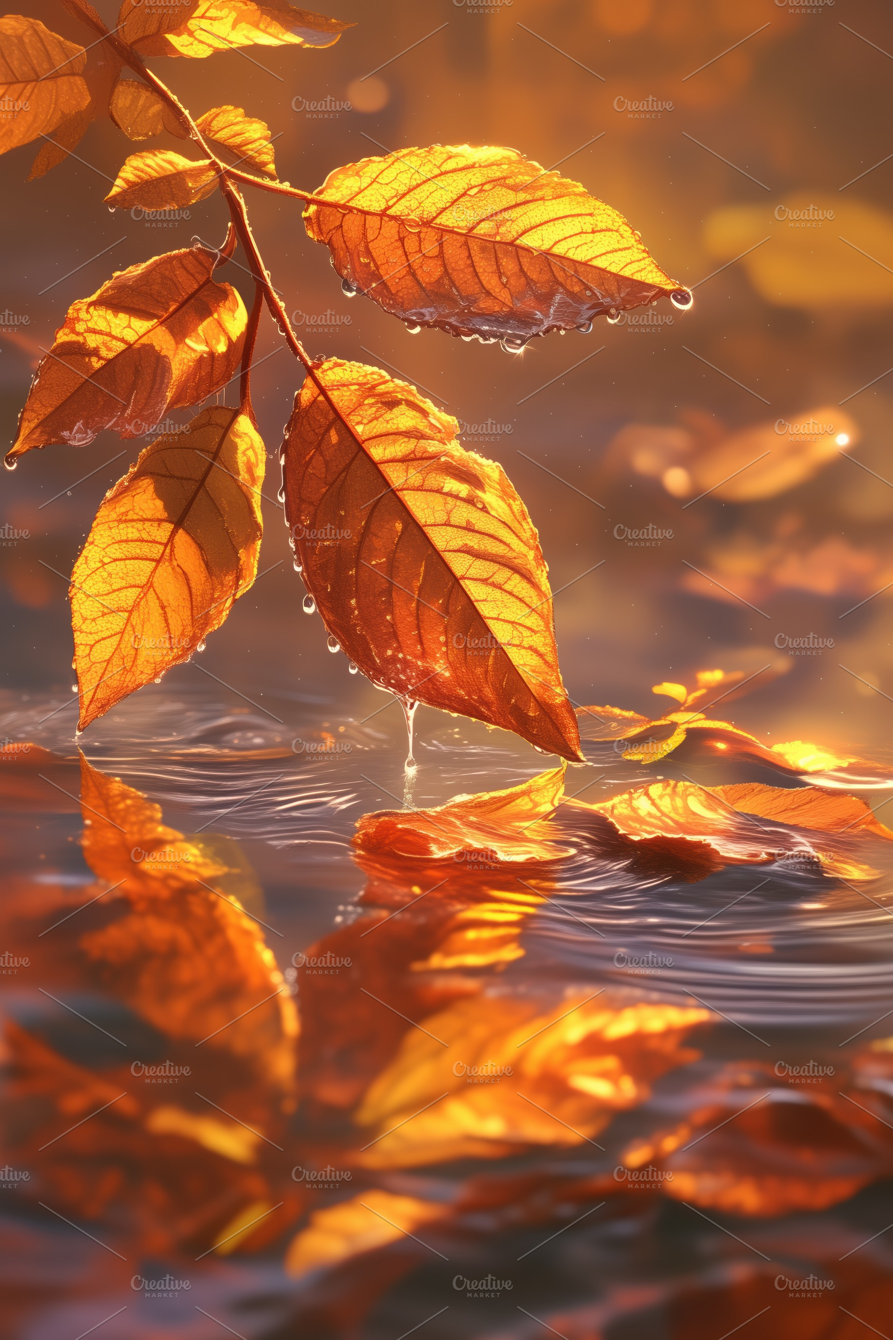 Close-up of autumn leaves with droplets resting on them, reflecting in water. T, a Photo by Textures & Backgrounds