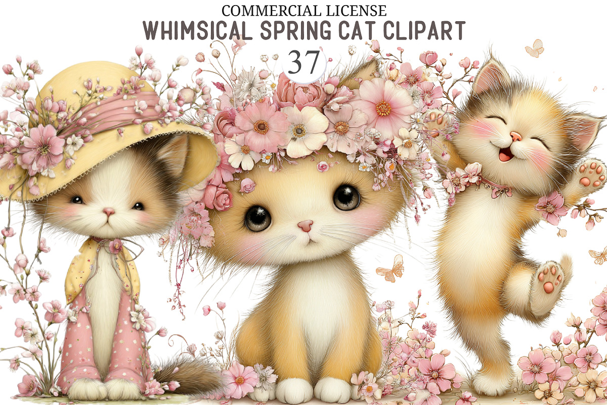 Whimsical Spring Cat Clipart Png, an Illustration by designcity5 (Photo 1 of 5)