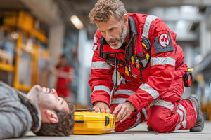 Paramedic assisting injured man with, a Photo by Pixeness Studio