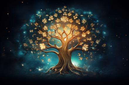 Magical tree with glowing golden flowers. Spirit tree on black b, a Nature Photo by Studio Light & Shade