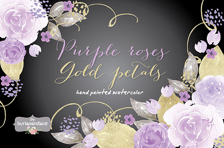 Purple roses, gold petals watercolor