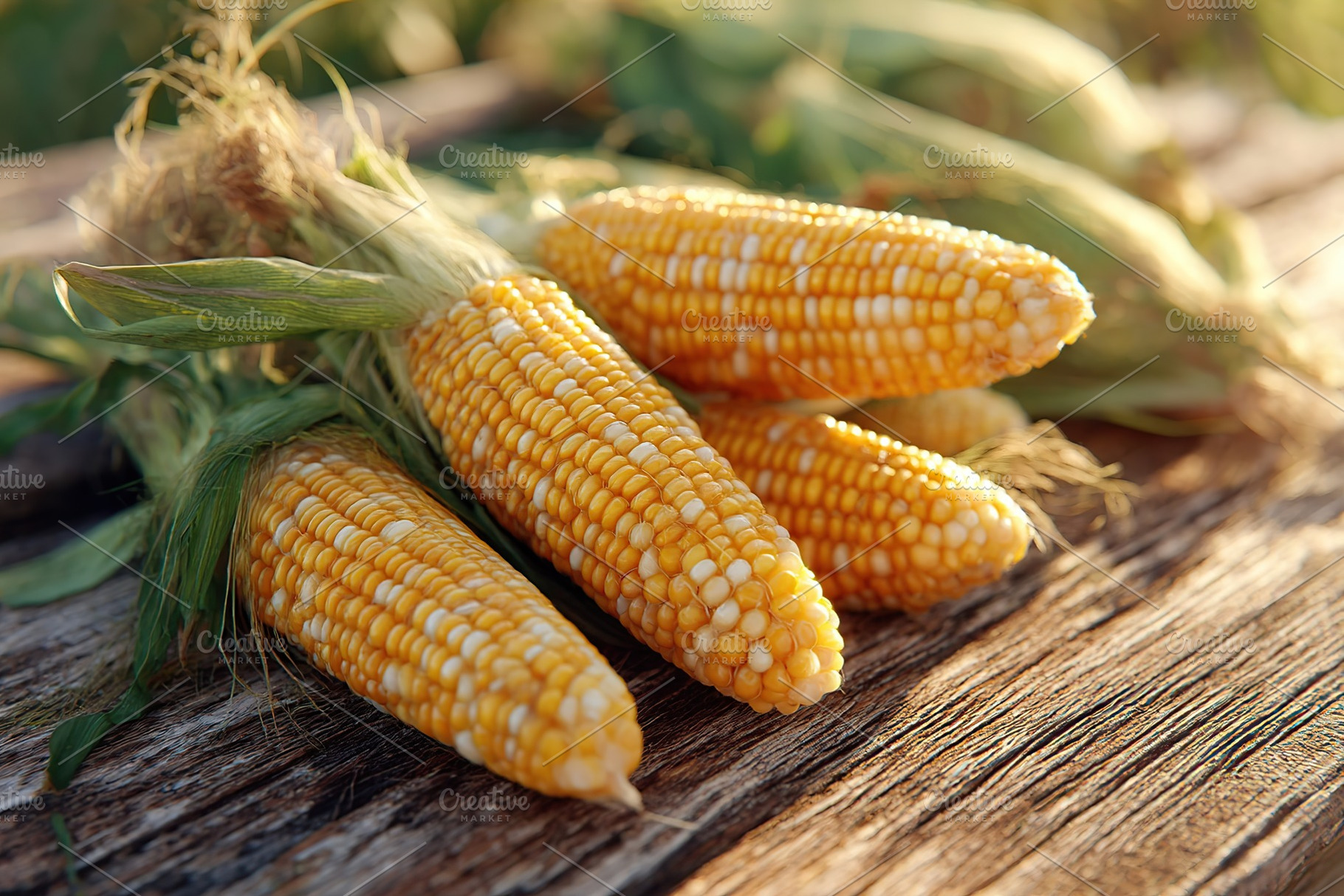 Fresh sweet corn cobs with husks displayed on rustic wooden surface in natural, a Food & Drink Photo by AlyaAnd