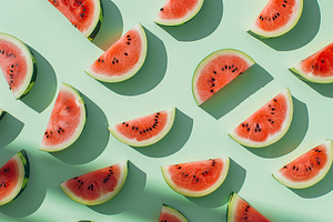 Pattern of fresh watermelon slices on green background, a Food & Drink Photo by AlyaAnd