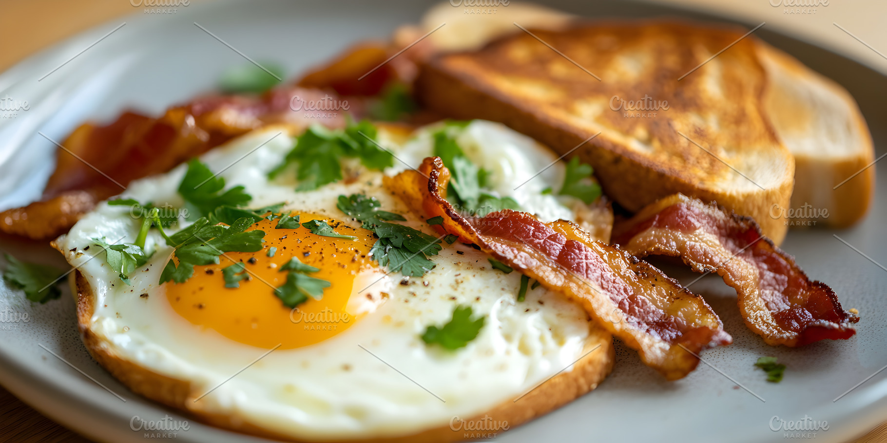Fried eggs with bacon and toast on p, a Food & Drink Photo by Photostock