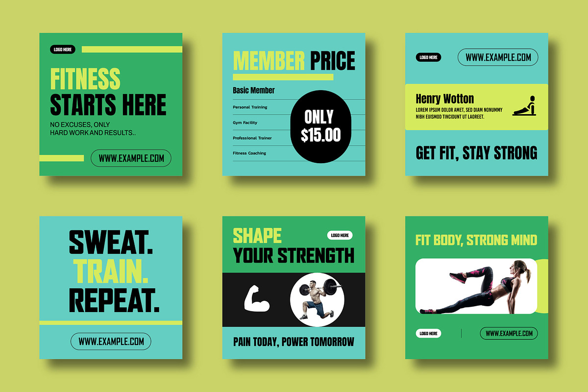 Fitness Social Media Post Set Design, a Social Media Template by MightyDesign (Photo 1 of 8)