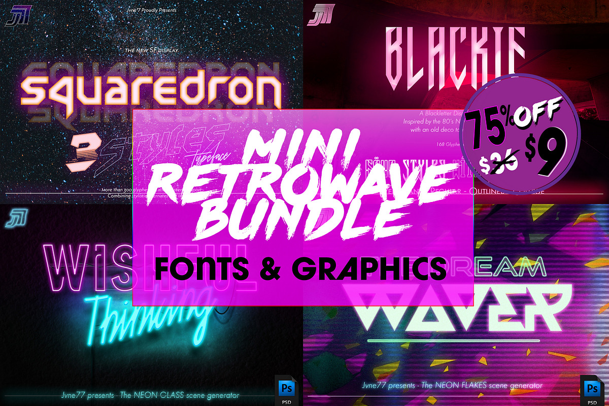 Retrowave Bundle of Fonts & Graphics