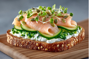 Salmon toast, garnished with a micro, a Food & Drink Photo by ZinetroN