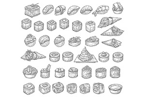 Japanese sushi isolated sketches, a Food Illustration by Vector Tradition