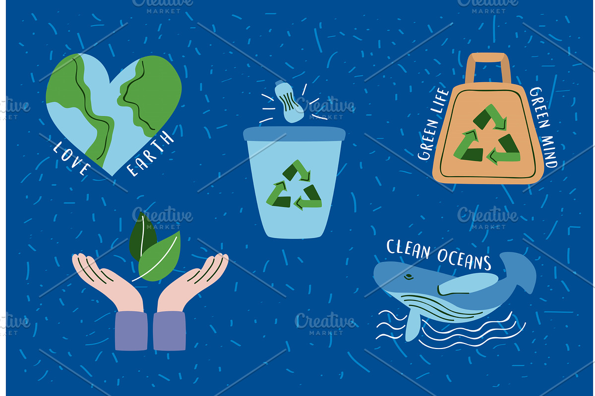 five eco friendly icons, an Illustration by studiogstock