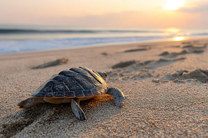 Turtle making its way across warm sand toward the ocean during sunset, an Animal Photo by AlyaAnd