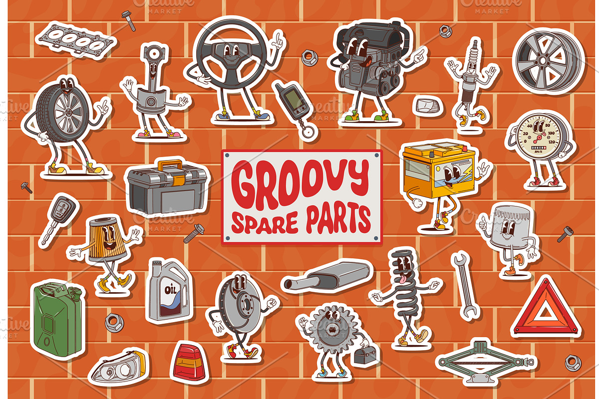 Cartoon groovy car spare parts, an Object Illustration by Vector Tradition
